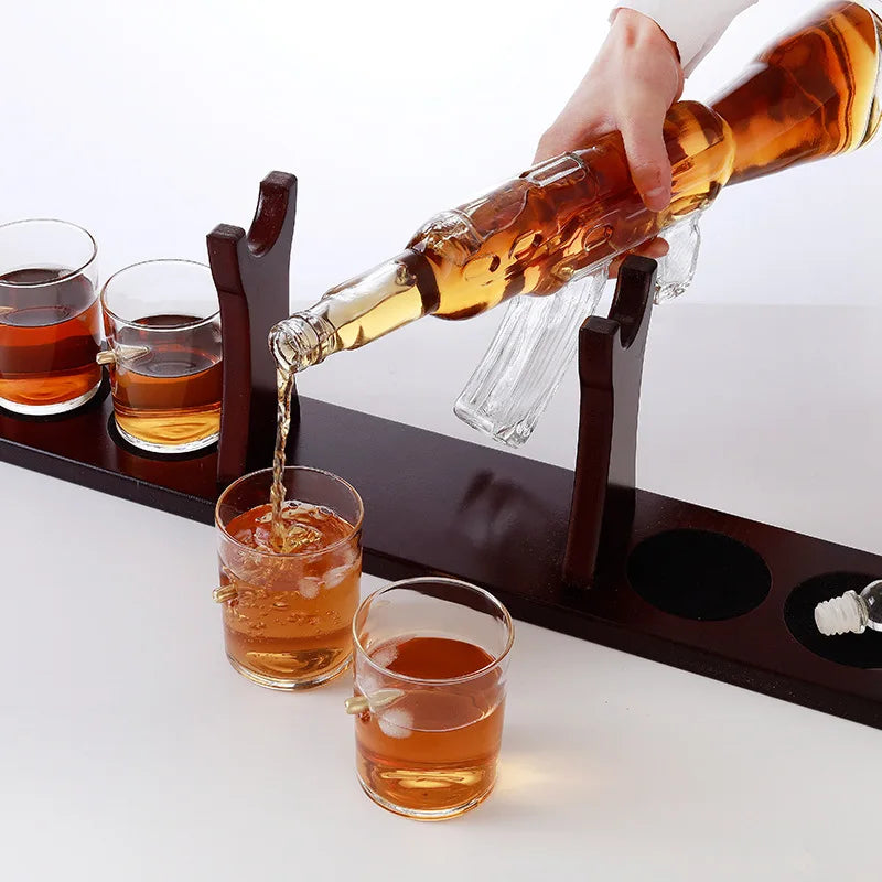 800ML Crystal Glass Rifle Gun Whiskey Glass Decanter with Ice tartar and 4 Whiskey Glasses Set for Liquor Whiskey Vodka Brandy