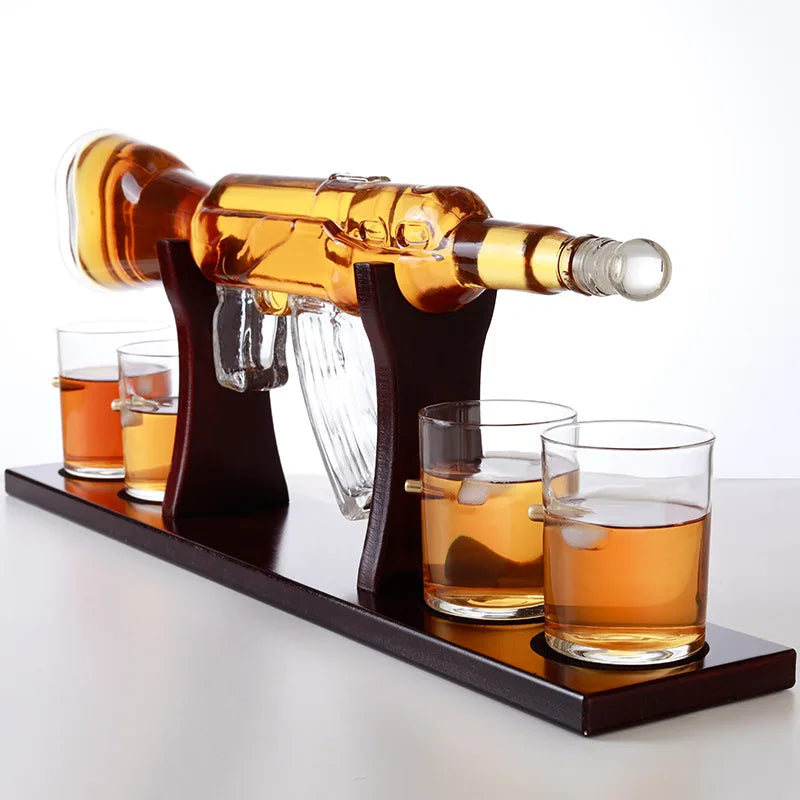 800ML Crystal Glass Rifle Gun Whiskey Glass Decanter with Ice tartar and 4 Whiskey Glasses Set for Liquor Whiskey Vodka Brandy