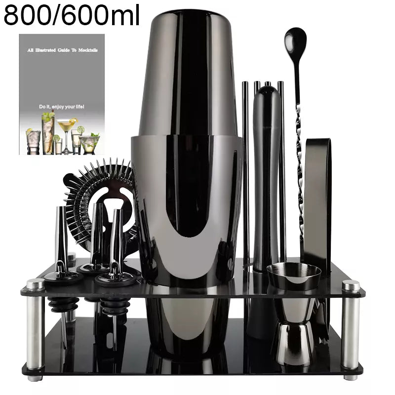 Black Cocktail Shaker Set 12 Pcs Bar Tools Set Martini Bartending Shakers Kit with Stylish Stand Recipe