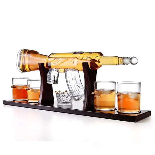 800ML Crystal Glass Rifle Gun Whiskey Glass Decanter with Ice tartar and 4 Whiskey Glasses Set for Liquor Whiskey Vodka Brandy