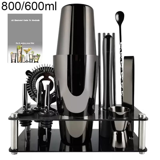 Black Cocktail Shaker Set 12 Pcs Bar Tools Set Martini Bartending Shakers Kit with Stylish Stand Recipe